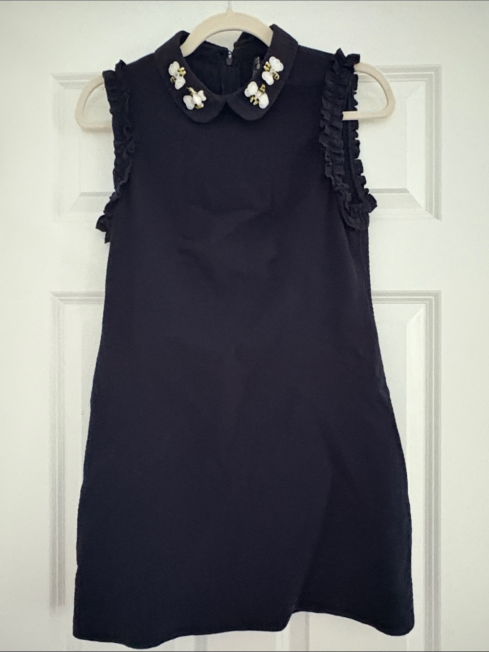 Vintage Zara navy blue ruffle Peter Pan collar dress embroidered sequin bees
